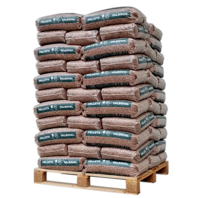 VALBOVAL Pellets de Madera Resinosa Virgen Sin Corteza - Palet 65 Sacos x 15 kg Alto Poder Calorífico