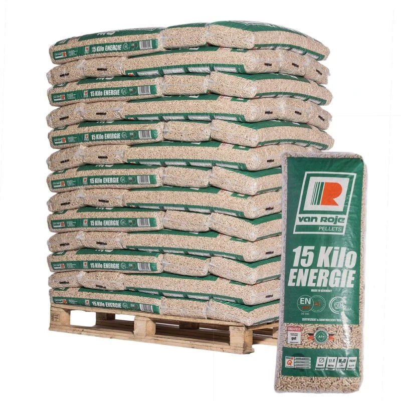 VAN ROJE Pellets de Madera de Abeto ENplus A1 y DIN Plus - Palet 65 Sacos x 15 kg Calidad Alemana