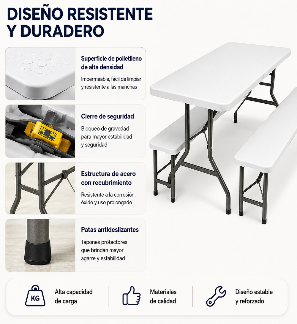 Conjunto Mesa Plegable Con 2 Bancos Para Jardín 180x74x72 cm