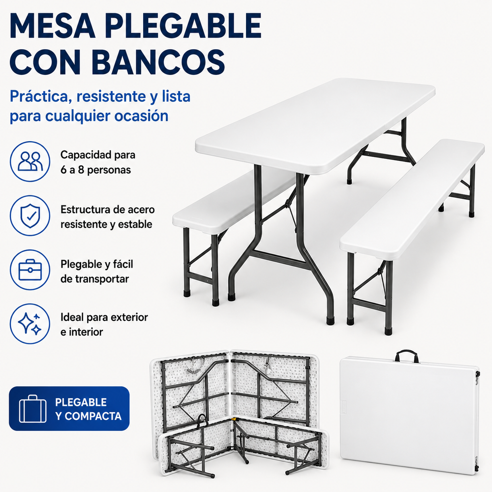 Conjunto Mesa Plegable Con 2 Bancos Para Jardín 180x74x72 cm