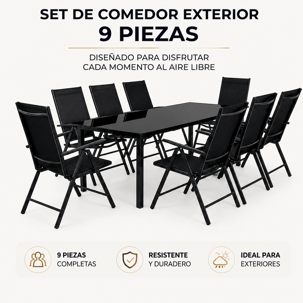 Conjunto Jardín Aluminio Recubierto 9 Piezas Mesa Vidrio