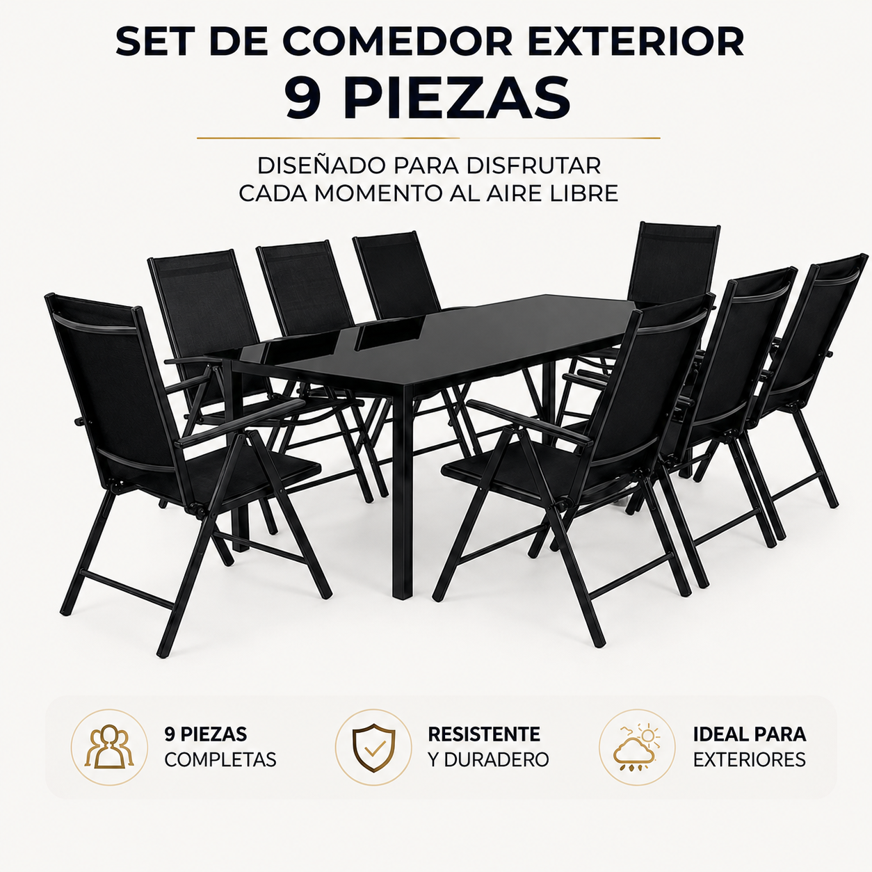Conjunto Jardín Aluminio Recubierto 9 Piezas Mesa Vidrio