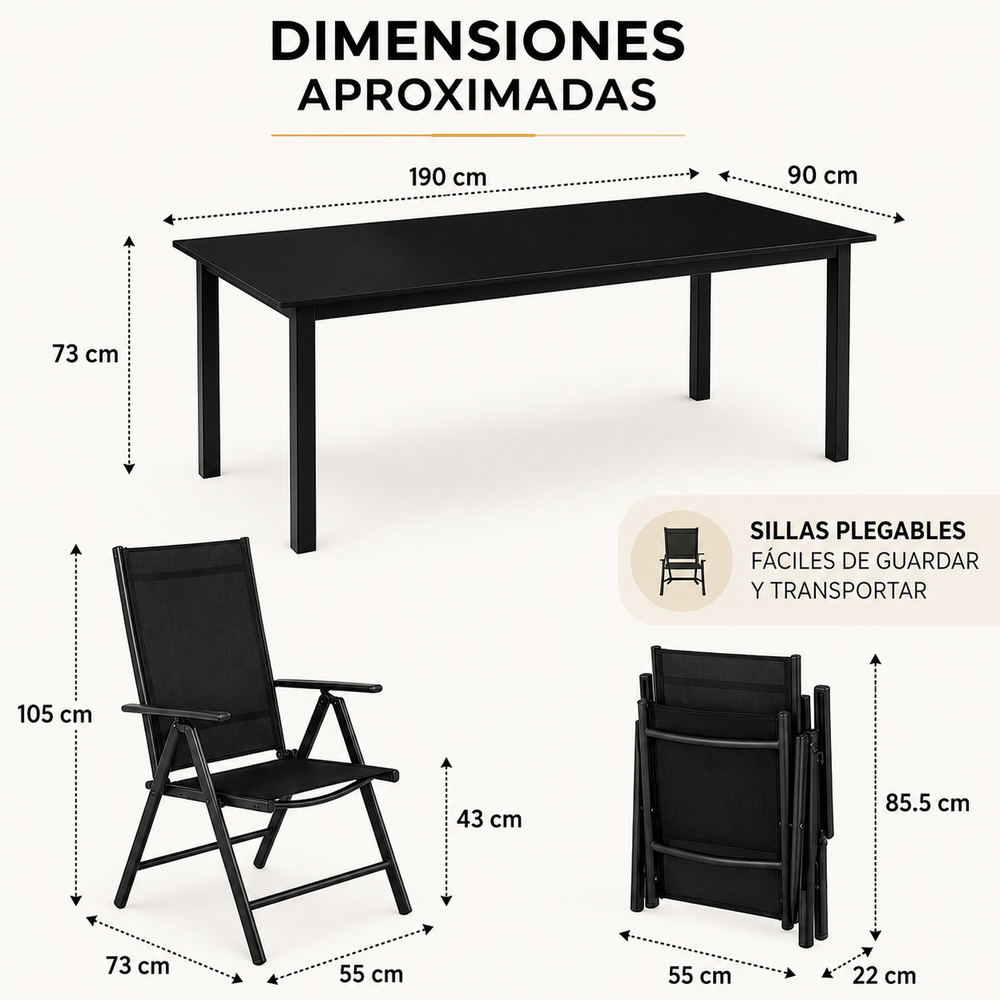 Conjunto Jardín Aluminio Recubierto 9 Piezas Mesa Vidrio