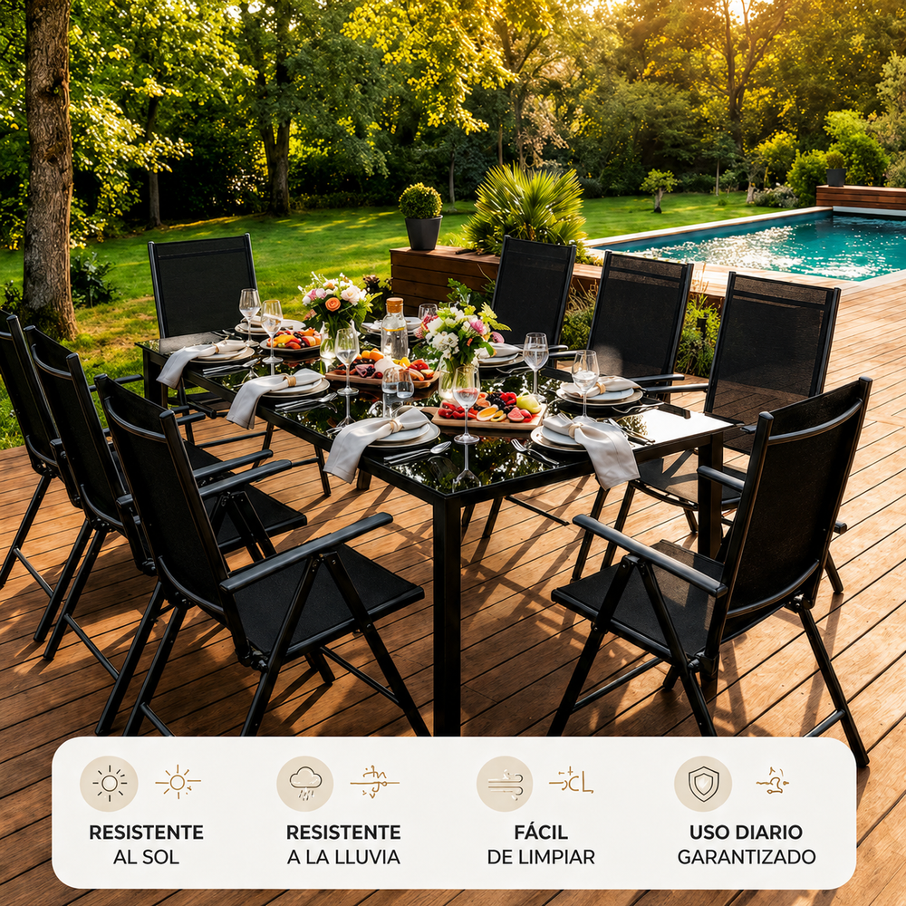 Conjunto Jardín Aluminio Recubierto 9 Piezas Mesa Vidrio