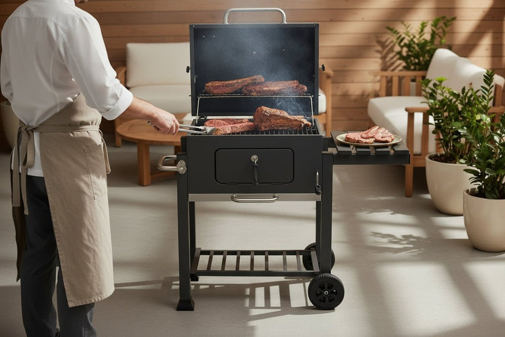 Barbacoa de carbón con ruedas para jardín y terraza