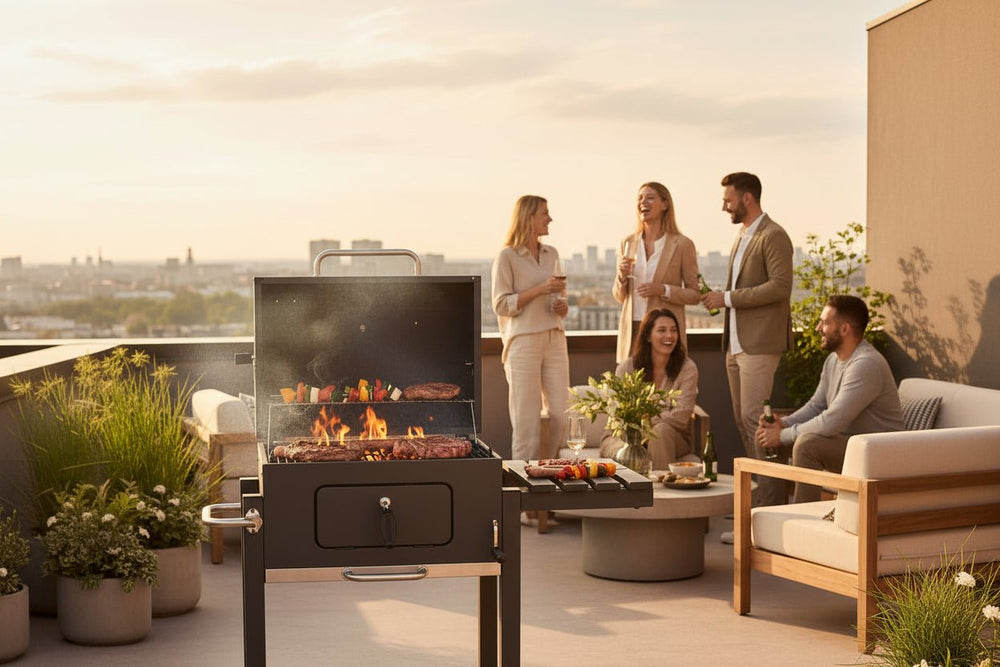 Barbacoa de carbón con ruedas para jardín y terraza