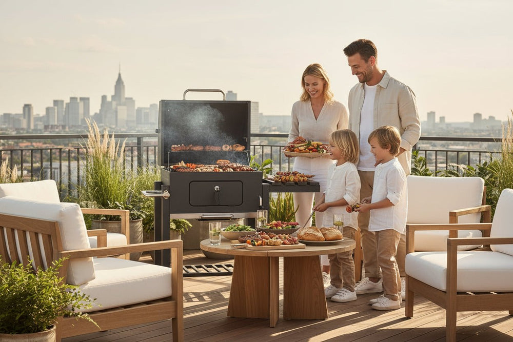 Barbacoa de carbón con ruedas para jardín y terraza