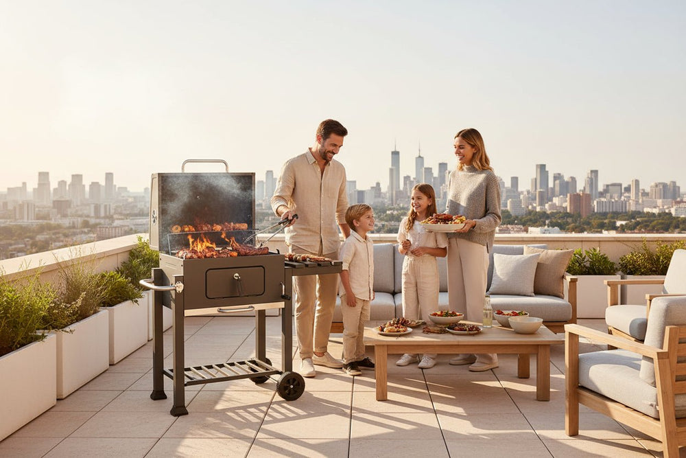 Barbacoa de carbón con ruedas para jardín y terraza