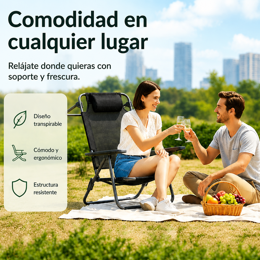 Silla Plegable Baja Para Playa Y Camping Con Reposacabezas Acolchado