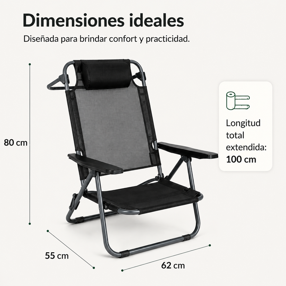 Silla Plegable Baja Para Playa Y Camping Con Reposacabezas Acolchado