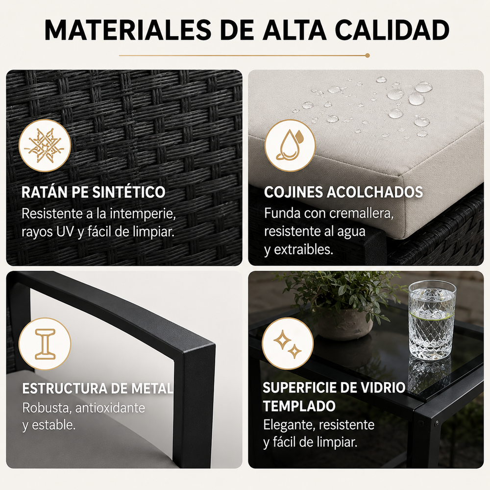 Conjunto De Jardín Exterior Ratán PE 3 Piezas Con Cojines Acolchados