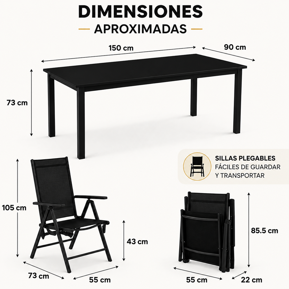 Conjunto Jardín Sillas Reclinables 7 Piezas Mesa Vidrio