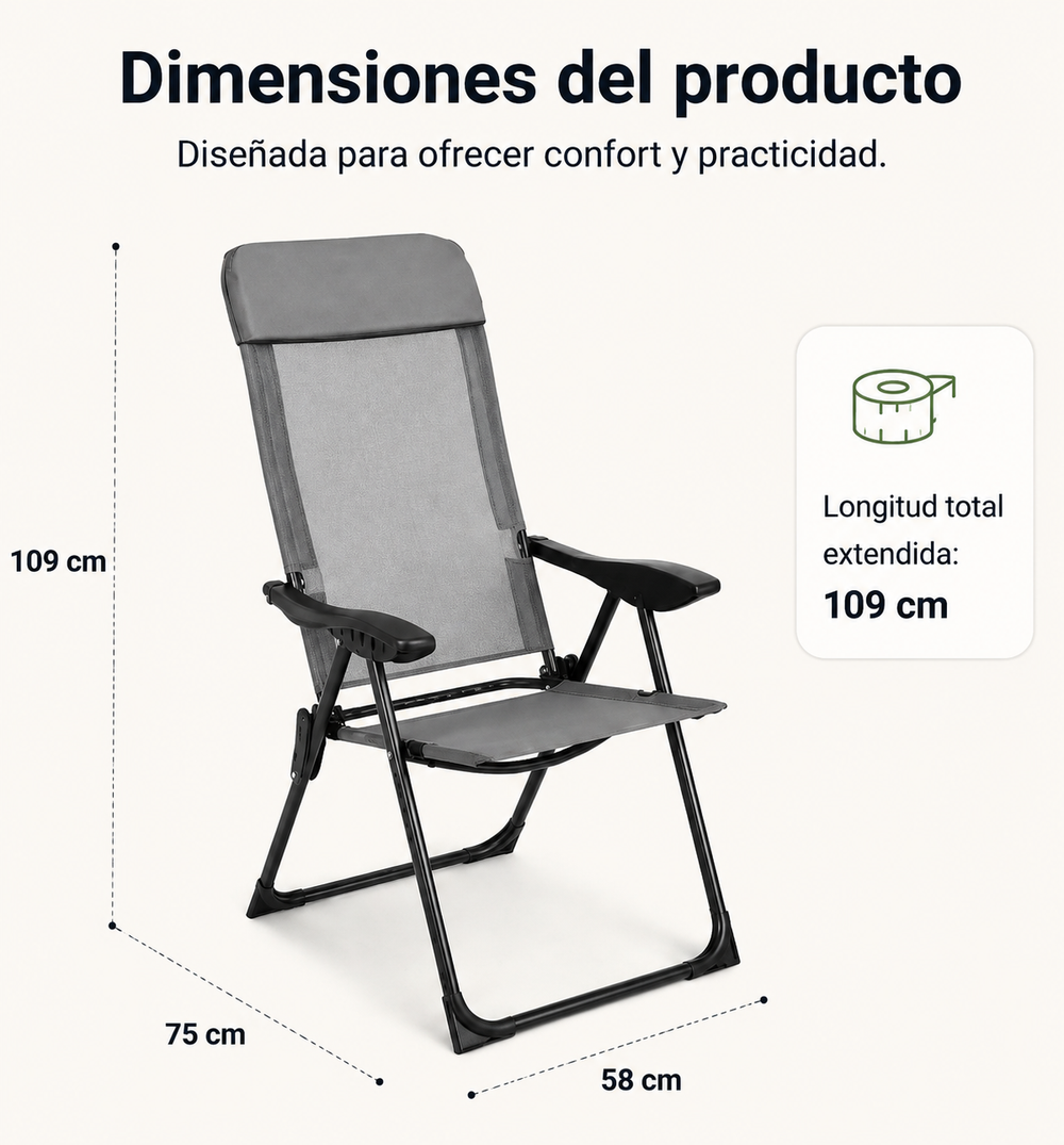Silla Plegable Reclinable 7 Posiciones Respaldo Alto Exterior