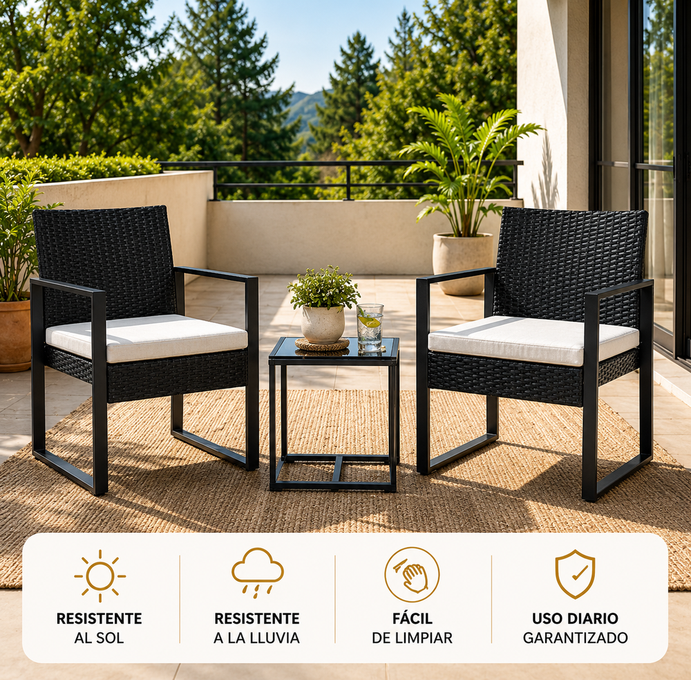 Conjunto De Jardín Exterior Ratán PE 3 Piezas Con Cojines Acolchados