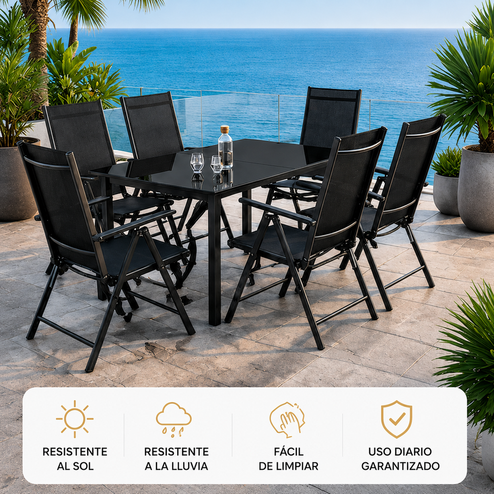 Conjunto Jardín Sillas Reclinables 7 Piezas Mesa Vidrio