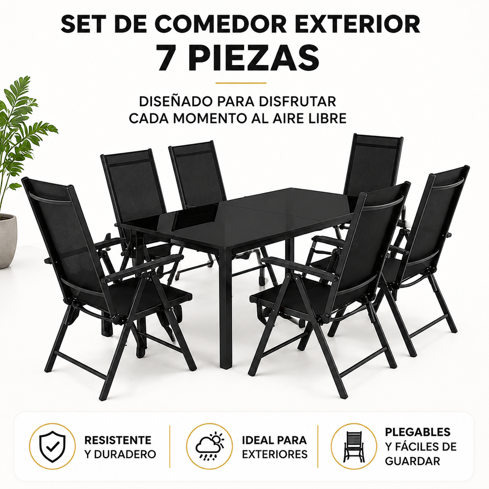Conjunto Jardín Sillas Reclinables 7 Piezas Mesa Vidrio