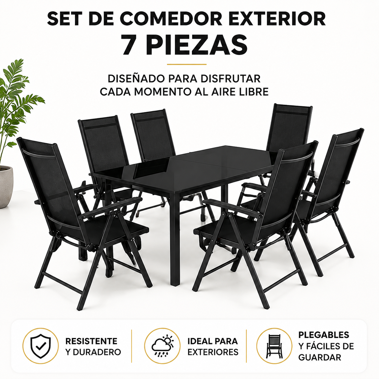 Conjunto Jardín Sillas Reclinables 7 Piezas Mesa Vidrio