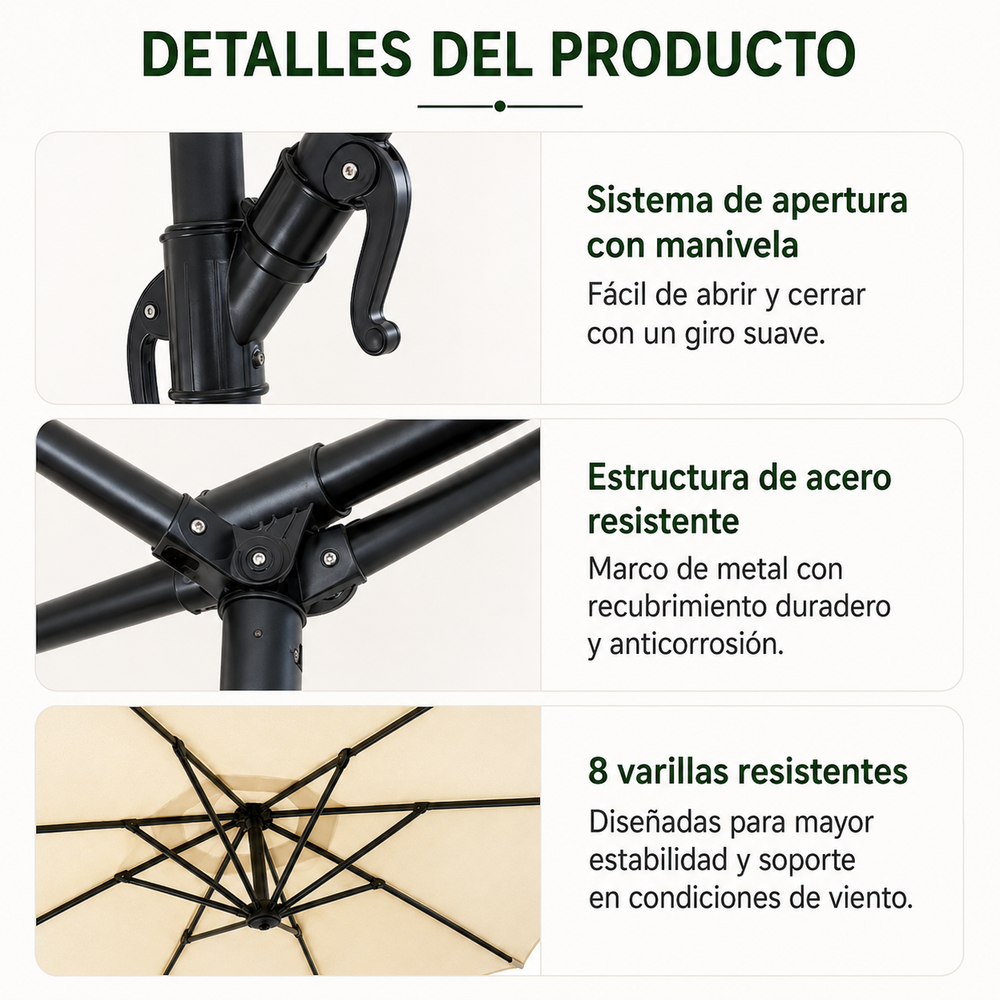 Sombrilla Lateral 3 metros Inclinable 360° Con Mástil Y Manivela Beige Sin Base
