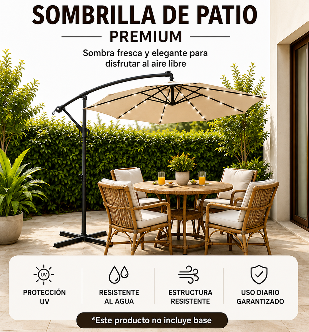 Sombrilla Lateral 3 metros De Jardín Kaki Con LED E Inclinación 360°
