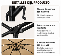 Sombrilla Lateral 3 metros De Jardín Kaki Con LED E Inclinación 360°