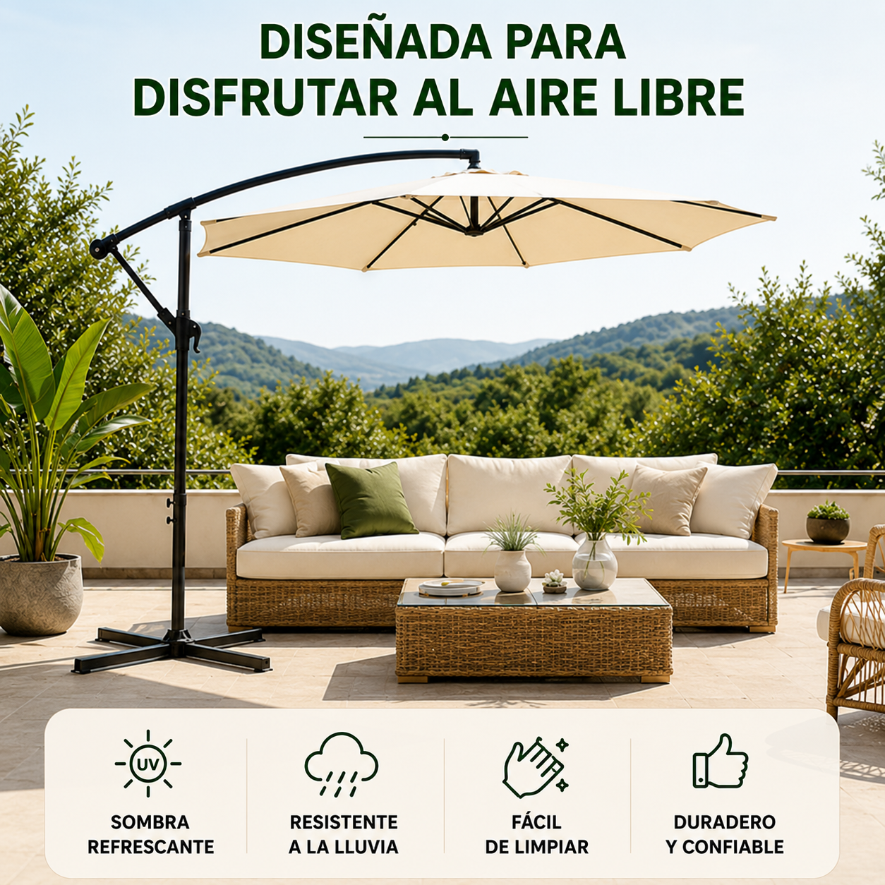 Sombrilla Lateral 3 metros Inclinable 360° Con Mástil Y Manivela Beige Sin Base