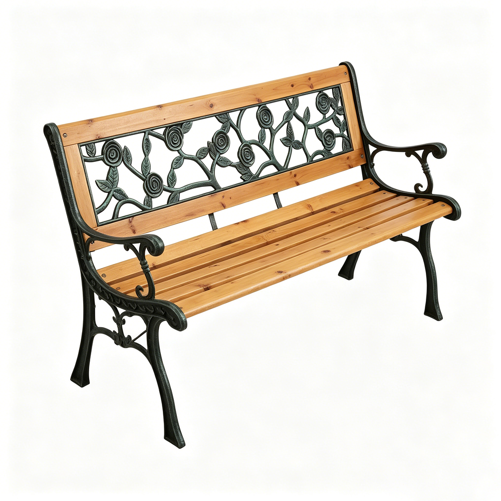 Banco de Jardín de Madera y Metal con Respaldo Floral Decorativo